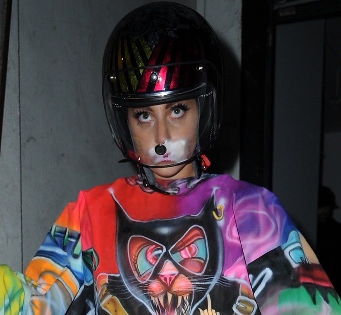 Lady Gaga leaving a dance studio in Manchester wearing a motorbike helmet