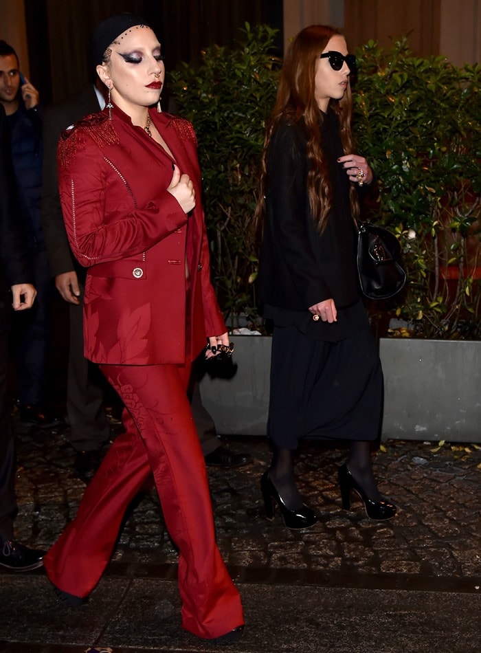 Lady Gaga and Allegra Versace leaving the Park Hyatt hotel in Milan, Italy, on November 5, 2014