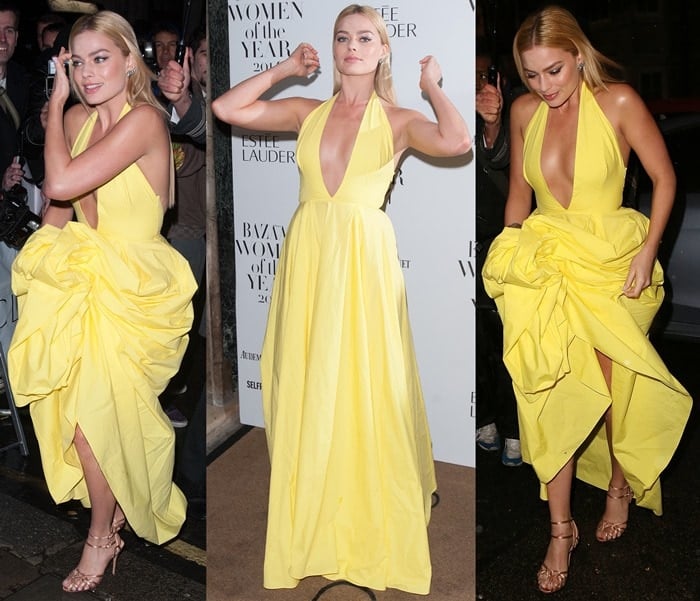 Margot Robbie flaunting cleavage in a bright yellow halter gown from the Rosie Assoulin Spring 2015 collection