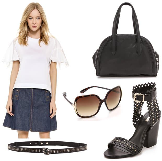 See By Chloé High Low Top, $260.00 / Club Monaco Colbi Belt, $80.00 / Schutz Carolins Sandals, $220.00 / Liebeskind Jule Satchel, $298.00 / Marc by Marc Jacobs Oversized Sunglasses, $98.00
