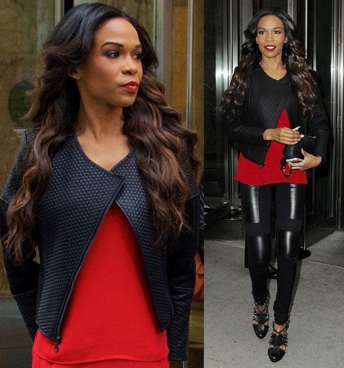 Michelle Williams promoting Fix My Choir in a leather jacket over a red top