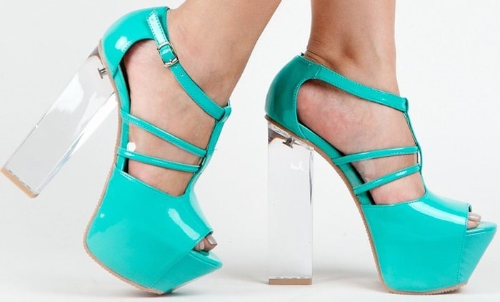 Qupid ARCTIC-06 Patent T-Strap Platform Sandals with Chunky Clear-Lucite High Heels