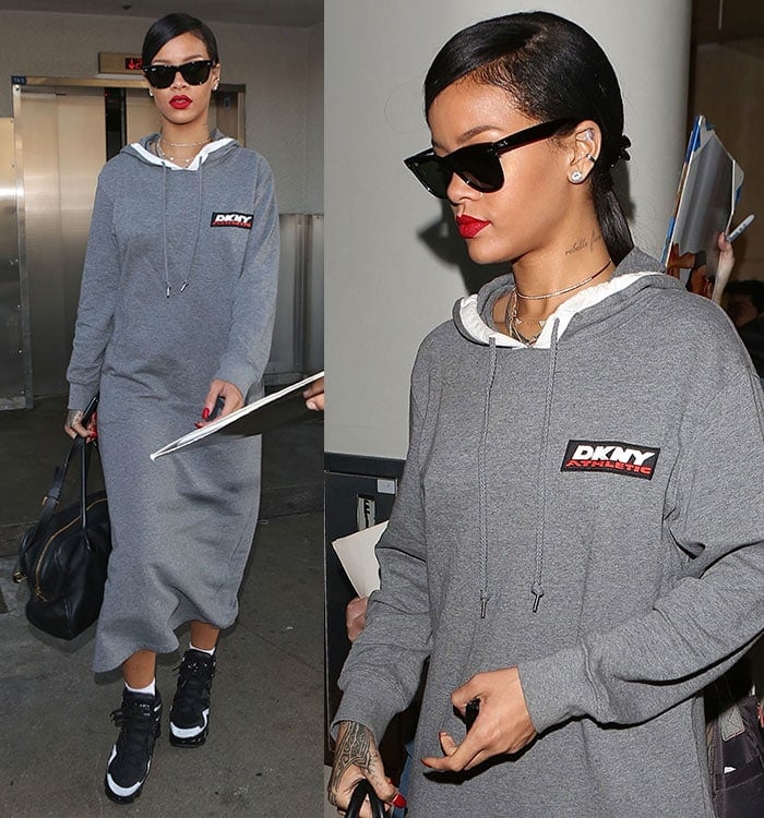 Rihanna in a shapeless ankle-length hoodie dress by DKNY