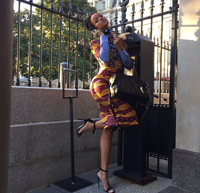 Rihanna wearing a Stella Jean dress featuring ethnic prints in multiple colors