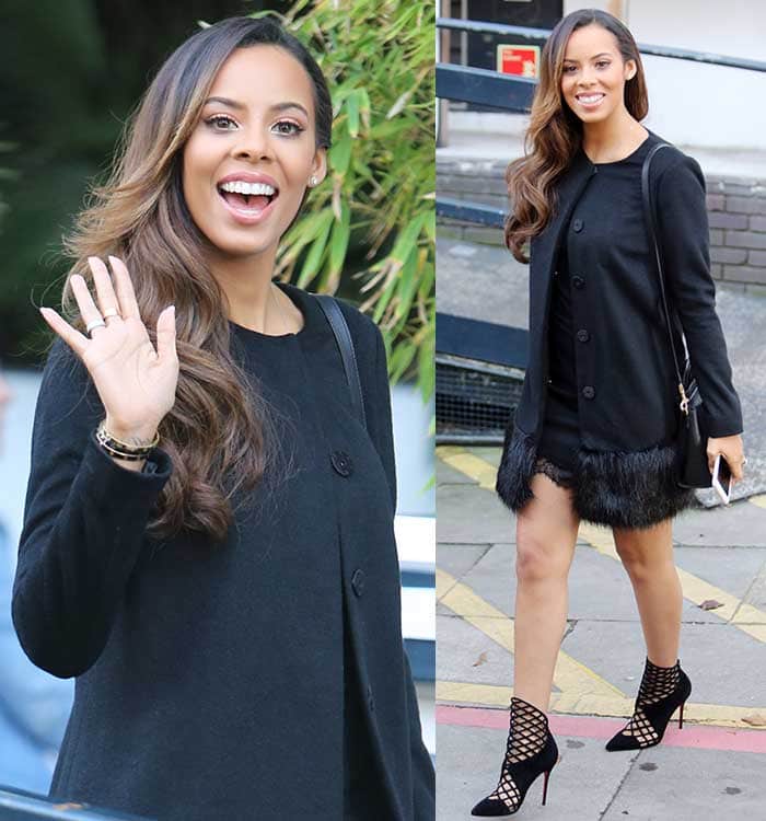 Rochelle Humes in a little black dress with a laced hem and a coat that features fur trims from her new collection