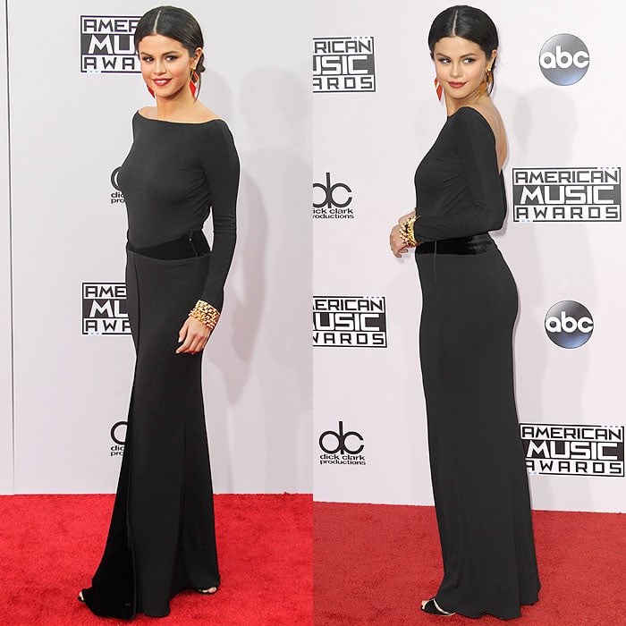 Giorgio Armani sandals peeking out from under Selena Gomez's Armani Privé gown