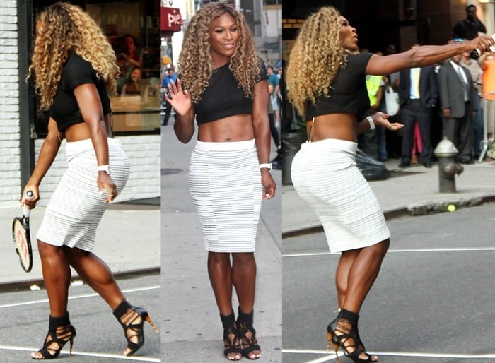 Serena Williams playing tennis with David Letterman outside the Ed Sullivan Theater in New York City on August 20, 2014