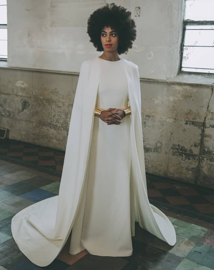 Solange Knowles wore a low-cut Stéphane Rolland jumpsuit and matching cape set instead of a traditional white gown on her wedding day to Alan Ferguson