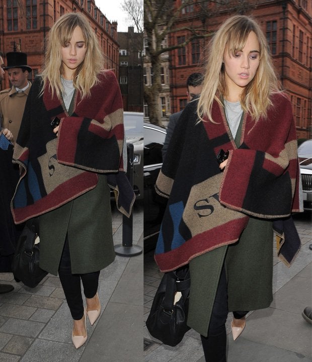 Suki Waterhouse arrives back at her hotel in London on February 17, 2014