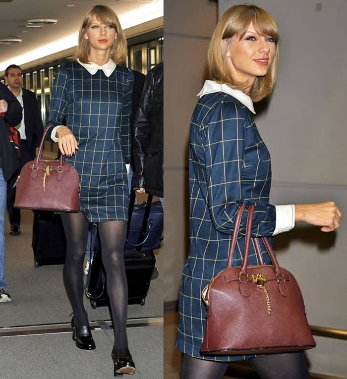 Taylor Swift arrives at Narita International Airport in Chiba, Japan, looking polished in a vintage-inspired Miss Patina checked dress, & Other Stories leather pumps, and her go-to Aldo “Frattapolesine” bag in Bordeaux