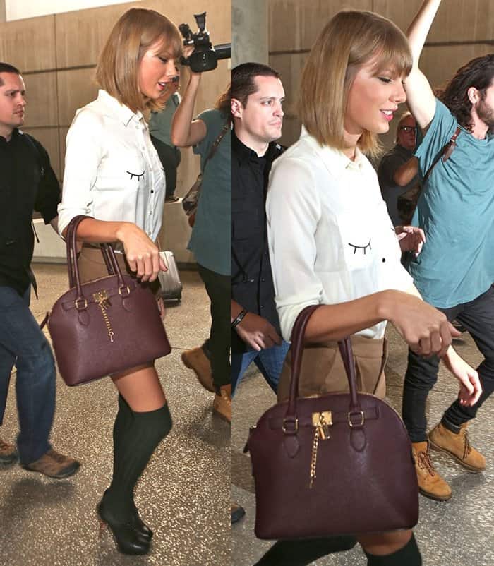 Taylor Swift turns heads at LAX in a whimsical Miss Patina “Flitter Flutter” shirt, Everlane pleated shorts, knee-high socks, Christian Louboutin Mamanouk booties, and her favorite Bordeaux Aldo “Frattapolesine” bag