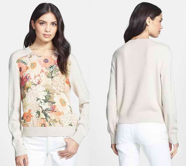 Beautiful screen-printed flowers front a soft mixed-media sweater knit with allover ribbing in back