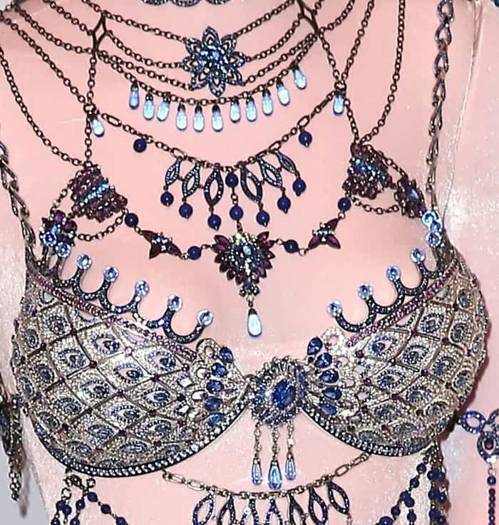 A close-up of the 2014 Victoria's Secret Fantasy Bra, adorned with sapphires and designed by Pascal Mouawad, showcasing its intricate craftsmanship