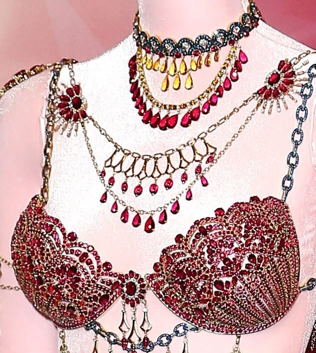 A close-up of the 2014 Victoria's Secret Fantasy Bra, adorned with rubies and designed by Pascal Mouawad