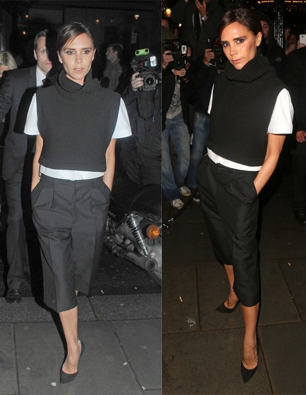 Victoria Beckham makes a stylish appearance at a Vogue party during London Fashion Week, wearing black comfy culottes with a cropped white shirt and knitted vest from her own label, topped off with Casadei 'Blade' suede pumps