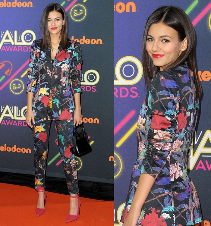 Victoria Justice wearing a printed blazer with matching boot-cut pants