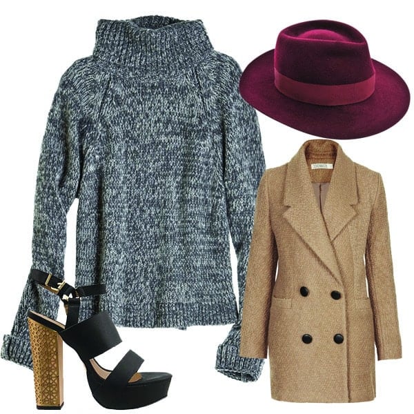 Outfit with hat, turtleneck sweater and a coat