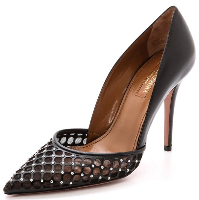 These studded mesh Aquazzura pumps are fashioned in a chic d'orsay silhouette and trimmed with a perforated leather overlay