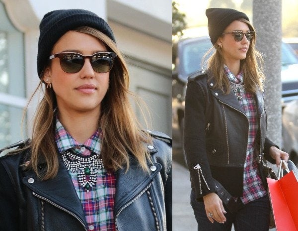 Jessica Alba gives her plaid shirt a posh twist with a statement necklace in Beverly Hills on December 12, 2013