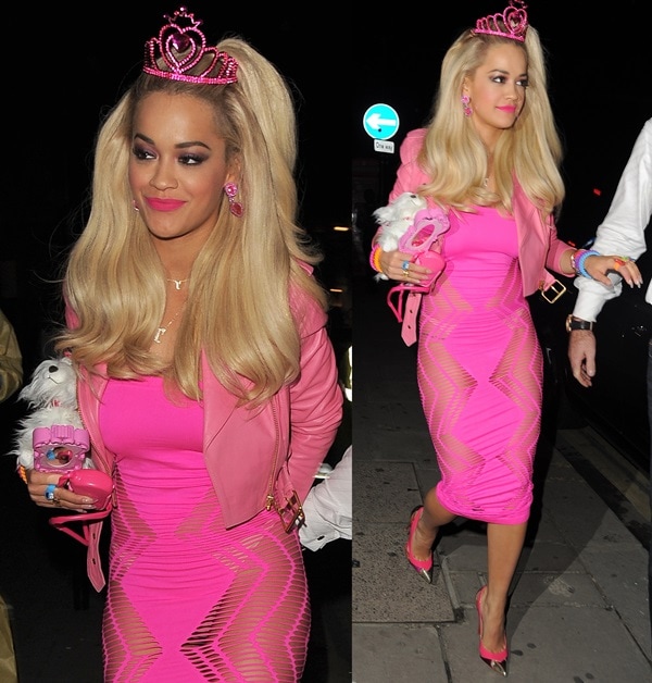 Rita Ora arriving at the "Death of a Geisha" Halloween party dressed as Barbie in London, England, on October 31, 2014