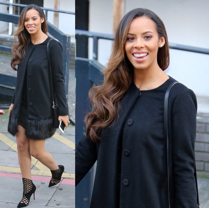 Rochelle Humes pairing her Christian Louboutin booties with a fur-hemmed jacket and lace-trimmed LBD as she visits ITV Studios in London, England, on October 31, 2014