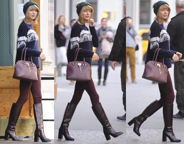 Taylor Swift steps out in a cozy navy Fair Isle sweater, burgundy skinny pants, and sleek burgundy knee-high boots, perfectly coordinated with her structured Aldo handbag