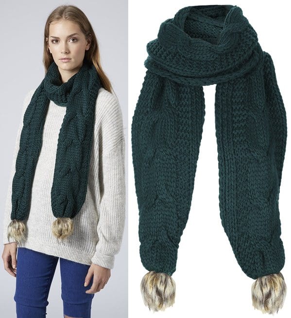 Topshop Cable Knit Pom Scarf in Green