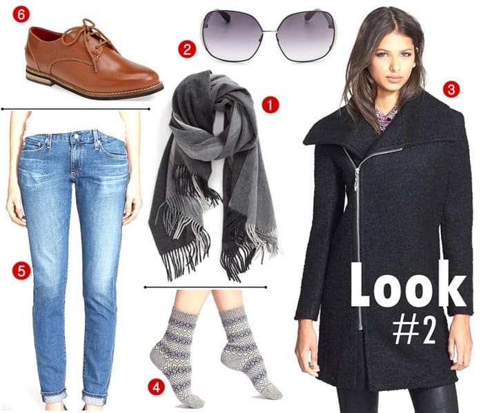 1. Nordstrom Collection Colorblock Cashmere Wrap, $223.50 / 2. Stuart Weitzman Reserve Over the Knee Boots, $635 / 3. MARC by Marc Jacobs Slim Line Sunglasses, $98 / 4. Scott Nichol Rosedale Fair Isle Wool Blend Socks, $30 / 5. AG The Nikki Relaxed Skinny Jeans, $129 / 6. Softwalk Maine Oxfords, $85