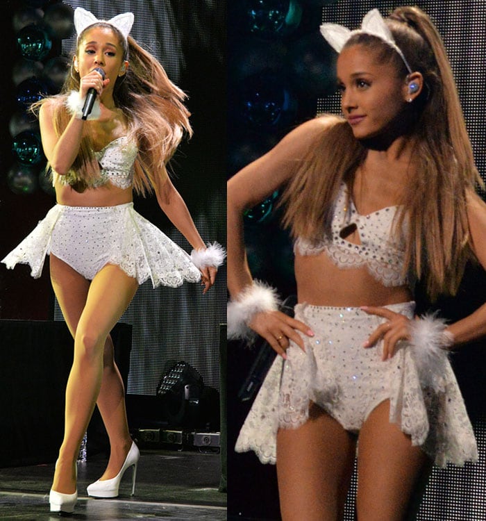 Ariana Grande showcased her petite figure in a skimpy ensemble