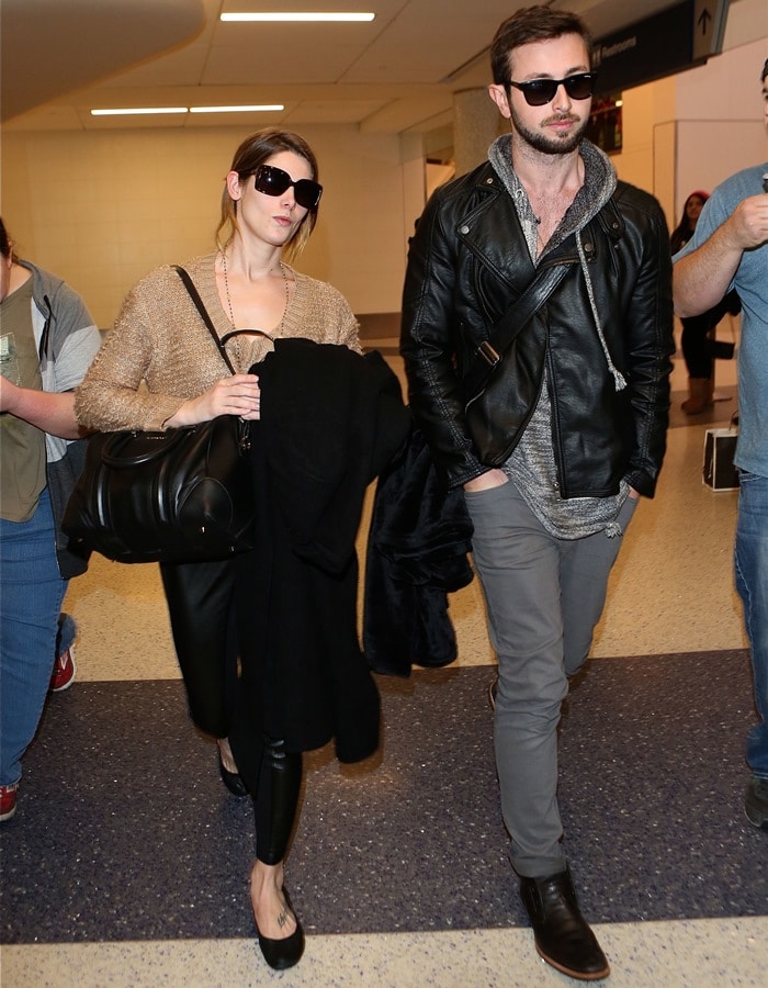 Ashley Greene in faux leather leggings by Ann Taylor and ballet flats