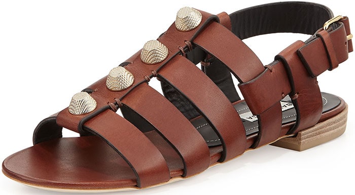 Balenciaga Studded Leather Flat Sandals in Cognac