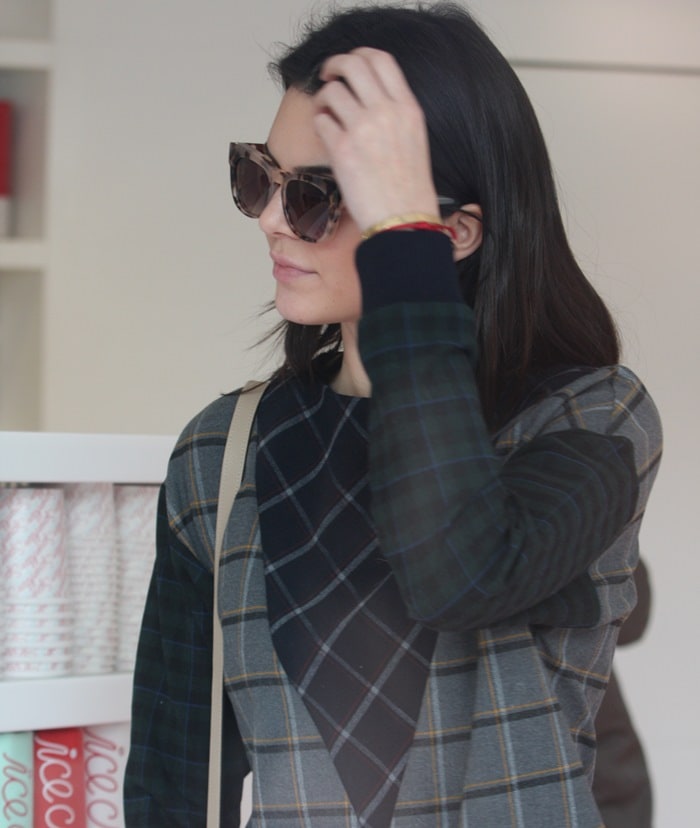 Kendall Jenner's Band of Outsiders gray multicolor mixed-plaid flannel sweatshirt