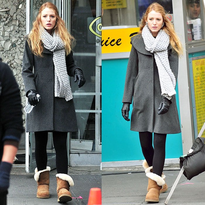 Blake Lively flawlessly combines black, brown, and gray tones in leggings, Ugg boots, and a cozy layered outfit while filming Gossip Girl in New York City on November 16, 2010