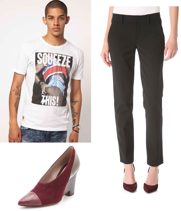 Asos Squeeze This! T-Shirt / Vince Slim Trousers / 10 Crosby Derek Lam Ynez Choked Wedge Pumps