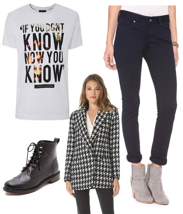 Lamis Khan If You Don’t Know T-Shirt / Modern Saints Pencil Leg Jeans / Theory Danvey Coat / Rag & Bone Cozen Lace Up Booties