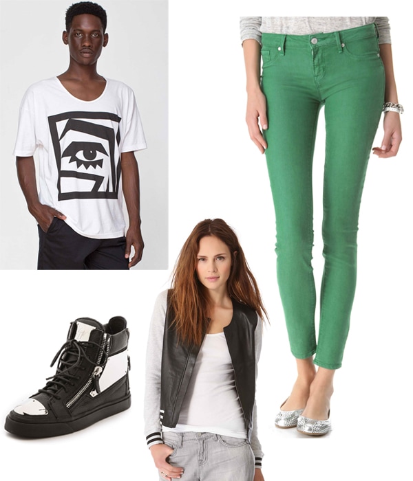 KESH x American Apparel Eye Le New Big Tee / Marc by Marc Jacobs Standard Supply Stick Jeans / Giuseppe Zanotti London Plated Zip Sneakers / Townsen Leather Jacket