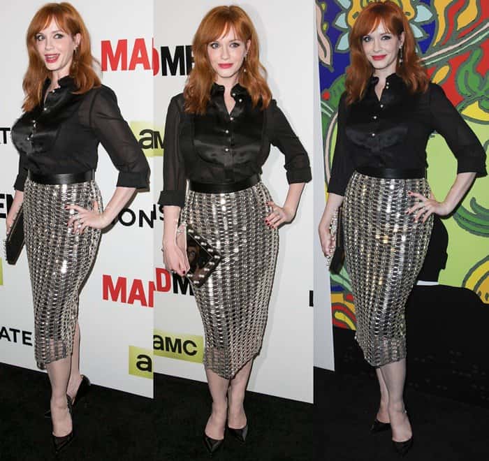 Christina Hendricks styled her silver metallic lattice embroidered pencil skirt with patent leather Kurt Geiger "Britton" pumps