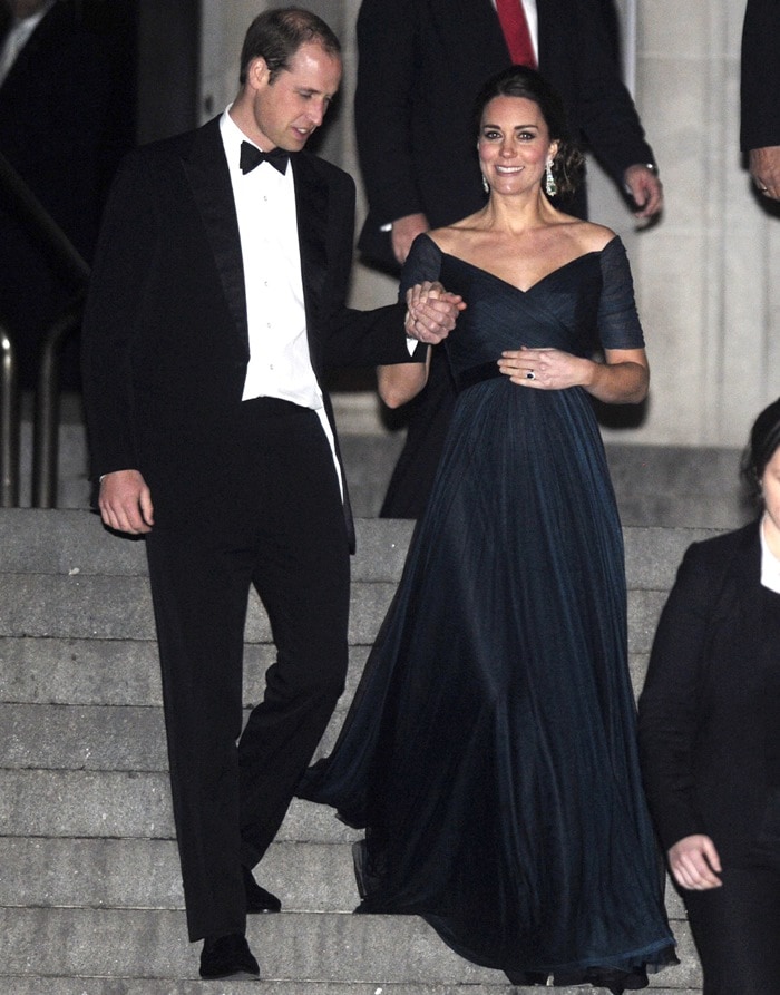 Catherine, Duchess of Cambridge (aka Kate Middleton) in a dark green Jenny Packham  gown