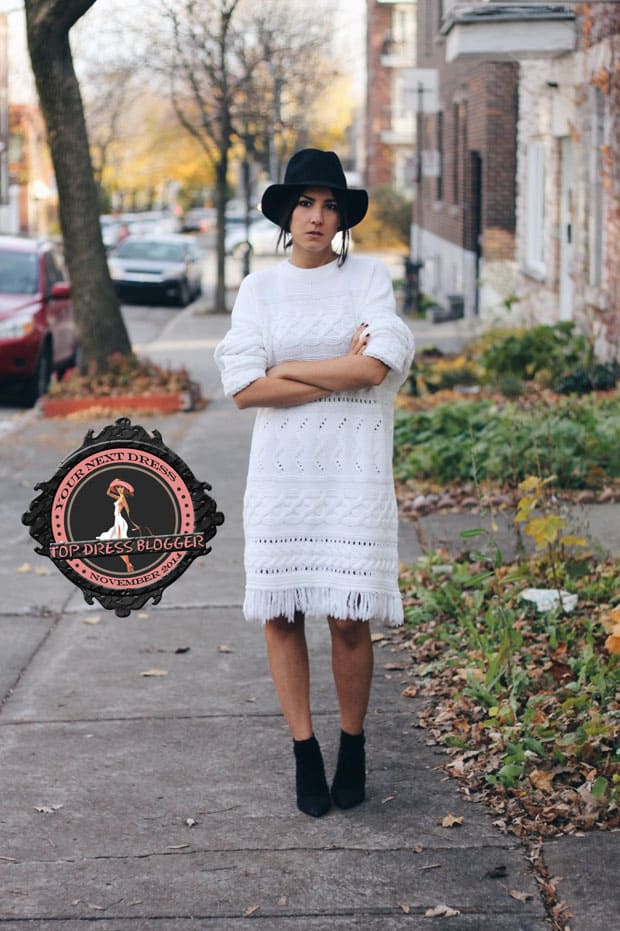 Elif is boho-chic in white sweater dress and black ankle boots