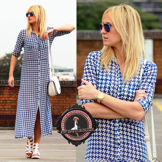 Eva is summer chic in a maxi shirtdress and strappy flatform sandals