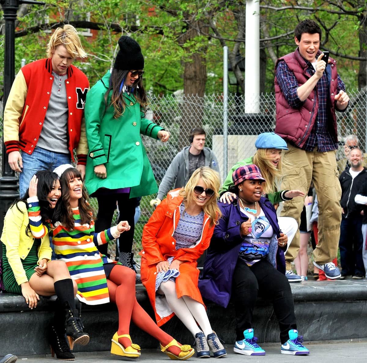 Chord Overstreet, Jenna Ushkowitz, Cory Monteith, Naya Rivera, Lea Michele, Dianna Agron, Heather Morris, and Amber Riley on location for 'Glee'