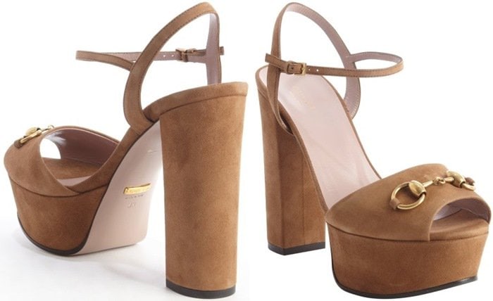 Gucci Chocolate Suede Horsebit Platform Peep-Toe Sandals