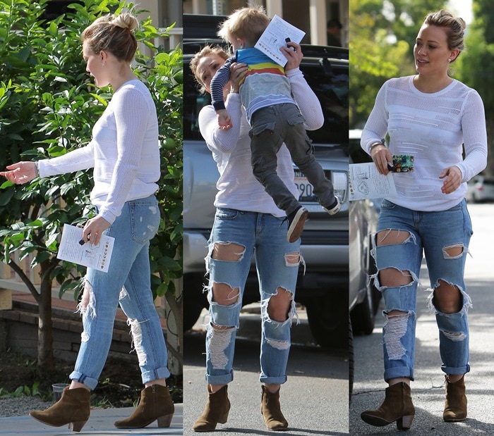 Hilary Duff dressed in rolled-up ripped jeans, brown boots, and a white jumper together with diamond stud earrings