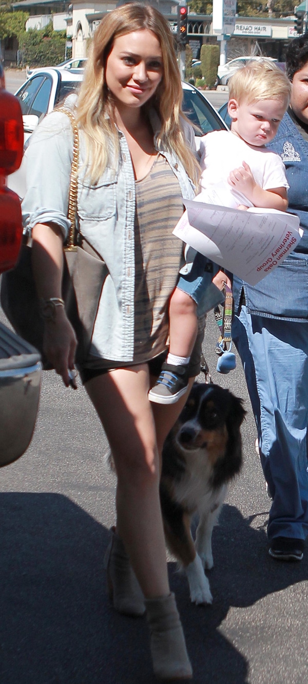 Hilary Duff leaving the Sherman Oaks Veterinary Clinic with Luca and the family dog in Los Angeles on September 5, 2013