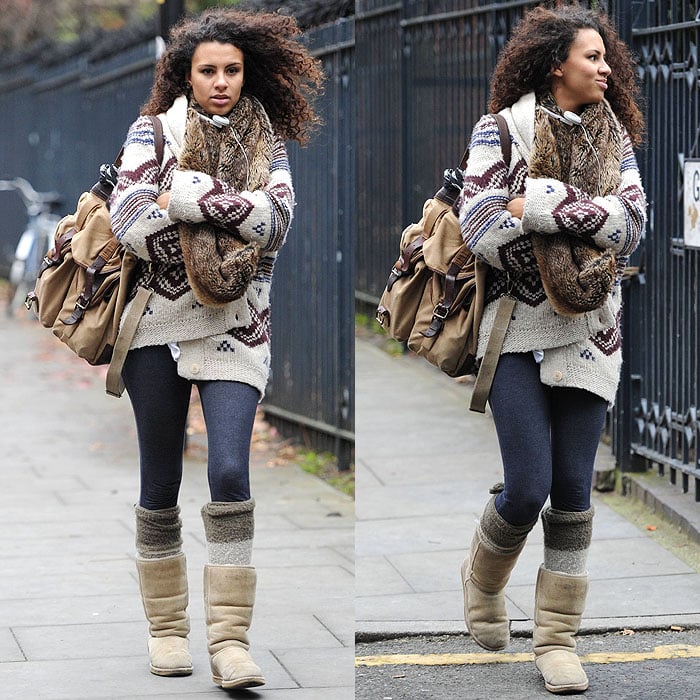 A fur scarf, a Fair Isle knit cardigan, a satchel, and thick knit socks — Holly Quin-Ankrah's super-cozy outfit is what ugg boots are made for