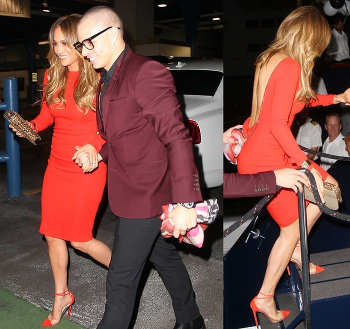 Jennifer Lopez exiting her hotel to celebrate her 43rd birthday with her 25-year-old boyfriend, Casper Smart, in New York City on July 24, 2012