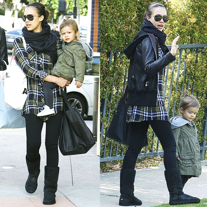 Jessica Alba's plaid shirt and leather hoodie is the chicest grunge-inspired outfit we've seen