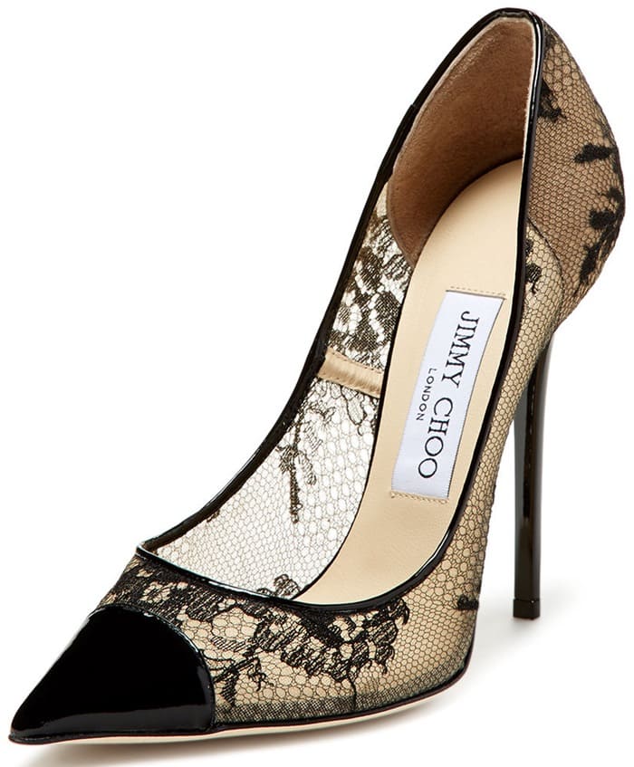 Lace-Patent Pointed-Toe Award Pumps in Black and Nude