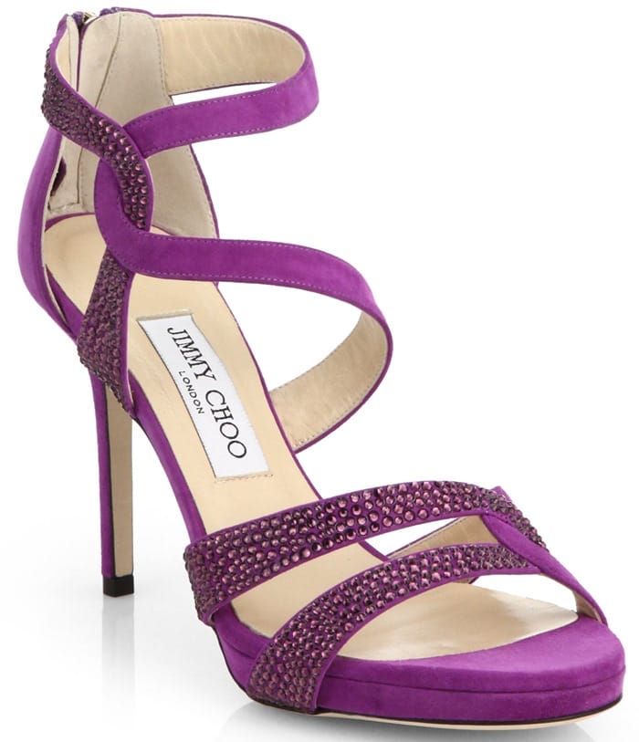  Jimmy Choo "Tomar" Crystal-Coated Suede Sandals in Purple