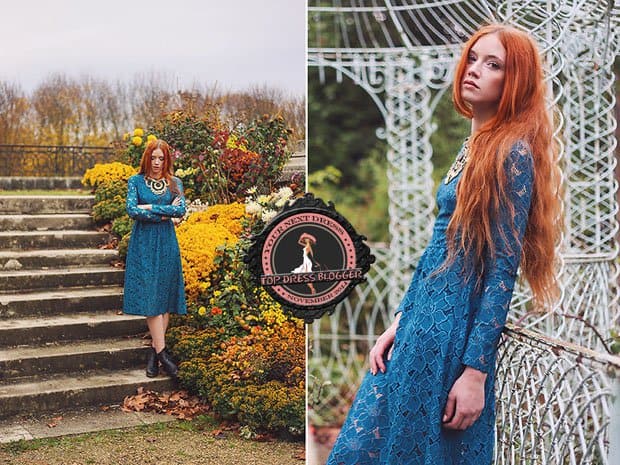 Karole in a romantic lace dress with black ankle boots